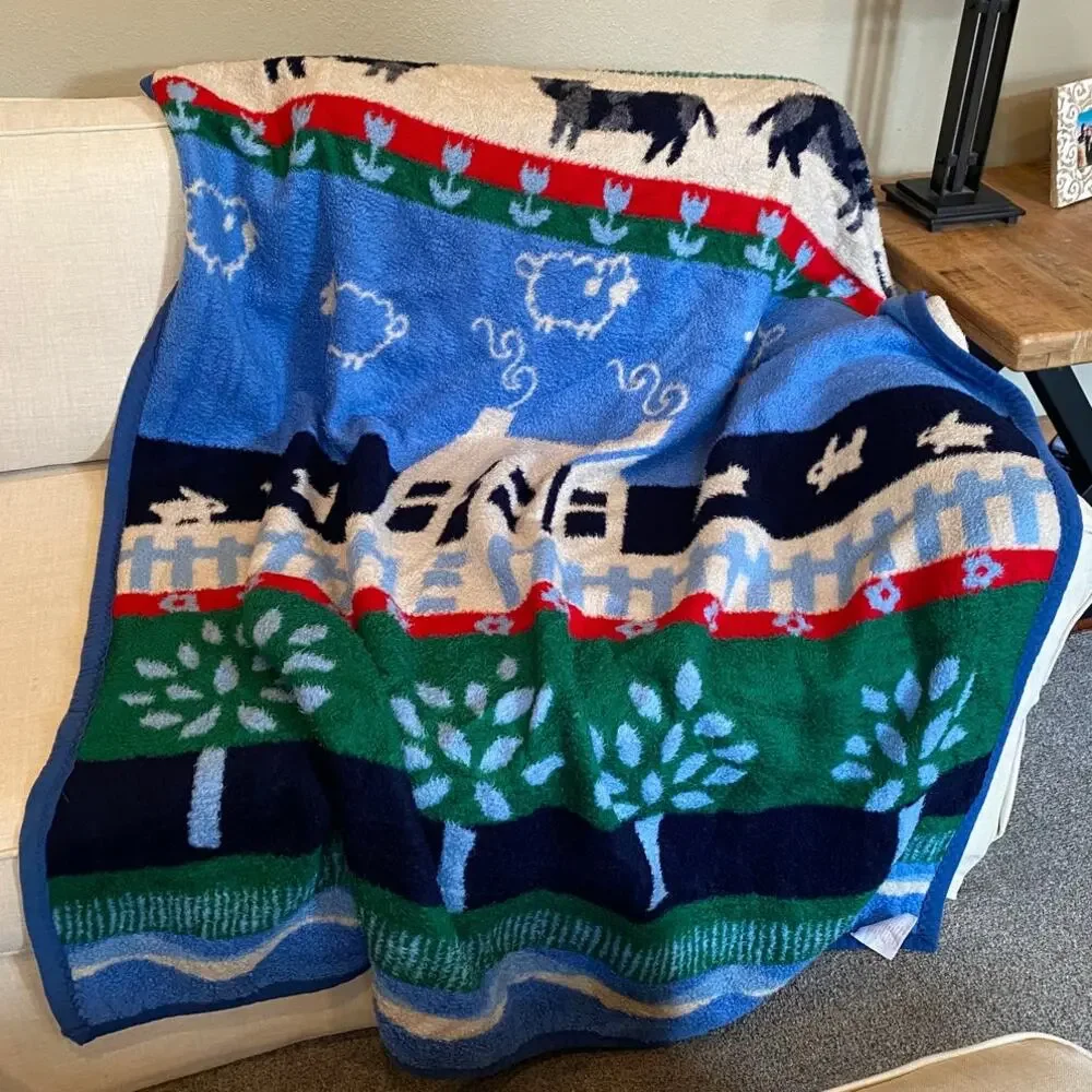 Vtg 80s Dinarsu Crown Crafts Acrylic Home Sweet Home Blanket  80” X 60” Cows